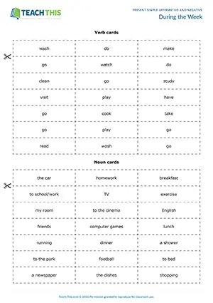 ESL Present Simple Game worksheet preview for Elementary A1-A2 with vocabulary and sentence forming group activities