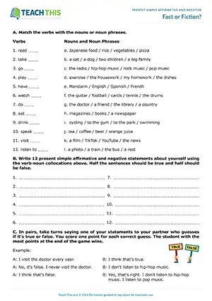 ESL Present Simple Game worksheet preview for Elementary A1-A2 with true or false and sentence matching activities