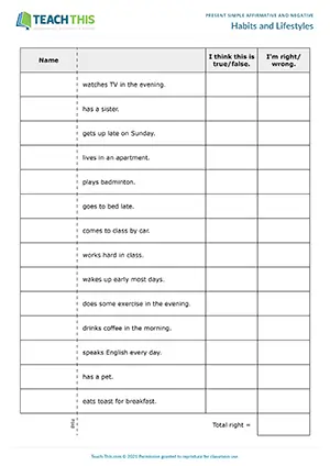 ESL Present Simple Game worksheet preview for Elementary A1-A2 with habits and lifestyle guessing activities