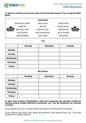 ESL Present Simple Game preview for Elementary (A1-A2): forming sentences, guessing, pair work