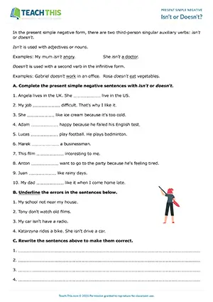 ESL Present Simple Negative Worksheet preview for Elementary A1-A2 focusing on gap-fill and error correction exercises