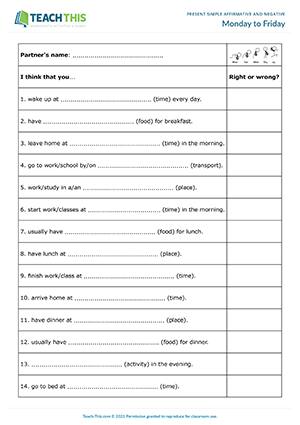 communication activities present simple Monday to Friday Preview