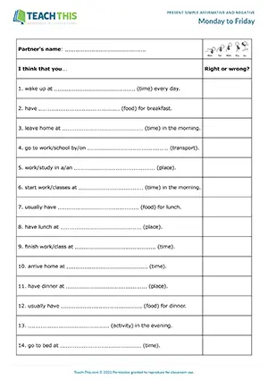 ESL Present Simple Activity worksheet preview for Elementary A1-A2 with sentence completion and routine guessing