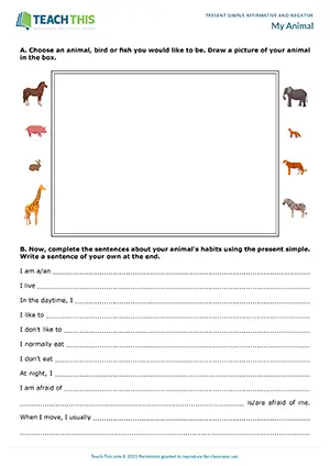 ESL Present Simple Worksheet preview for Elementary (A1-A2): drawing and sentence completion about animal habits