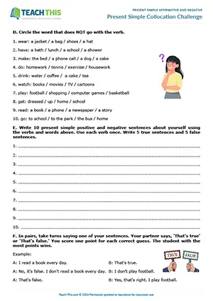 ESL Present Simple worksheet and game preview for Elementary A1-A2 for common verb-noun collocations