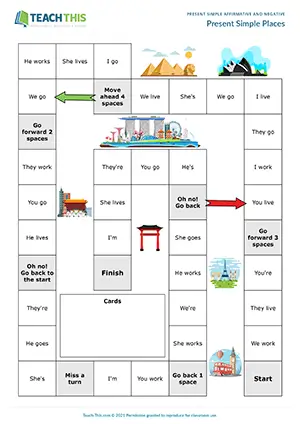 ESL Present Simple Board Game worksheet preview for Elementary (A1-A2): board game with prepositions of place
