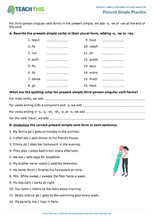 ESL Present Simple Worksheet preview for Pre-intermediate (A2): grammar exercises and sentence writing