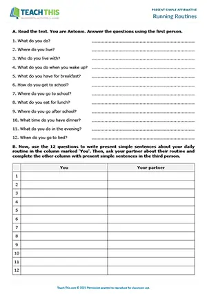 ESL Present Simple Activity worksheet preview for Elementary (A1-A2): running dictation, questions, and answers