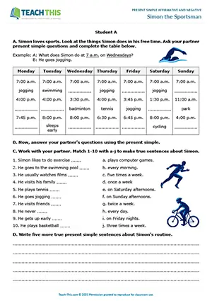 ESL Present Simple Activity preview for Pre-intermediate (A2): information gap and question formation