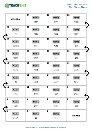 ESL Present Simple Board Game preview for Intermediate (B1): forming sentences and practicing pronunciation