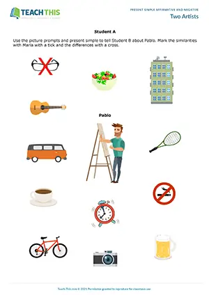 ESL Present Simple Activity preview for Pre-intermediate (A2): comparing similarities and differences with picture prompts