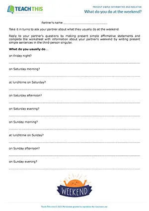 ESL Present Simple Activity preview for Pre-intermediate (A2): asking and answering about weekend routines