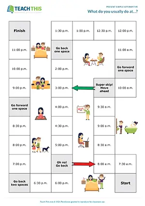 ESL Present Simple Board Game preview for Pre-intermediate (A2): describing usual activities at different times