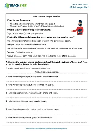 ESL Present Simple Passive Worksheet preview for Intermediate (B1): rewriting, gap-fill, categorising, error correction