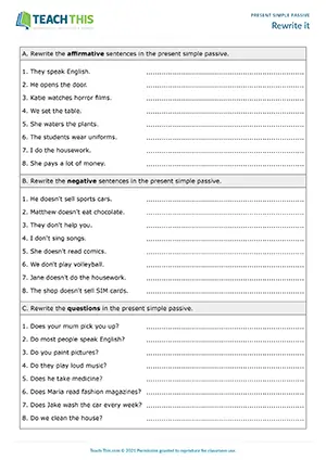 ESL Present Simple Passive Worksheet preview for Intermediate (B1): rewriting sentences in passive