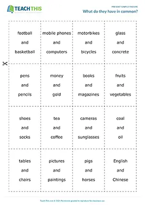 ESL Present Simple Passive Game worksheet preview for Intermediate (B1): forming sentences about similarities