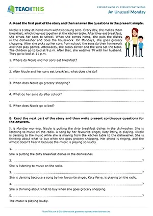 ESL Present Simple vs. Present Continuous Worksheet preview for Intermediate (B1): story-based reading and gap-fill