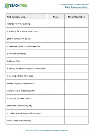 ESL Present Simple vs. Present Continuous Activity worksheet preview for Pre-intermediate (A2): asking and answering questions from prompts