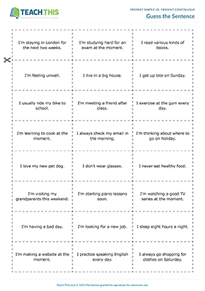 present continuous simple vs activities guess cards worksheets grammar sentence esl card games teach