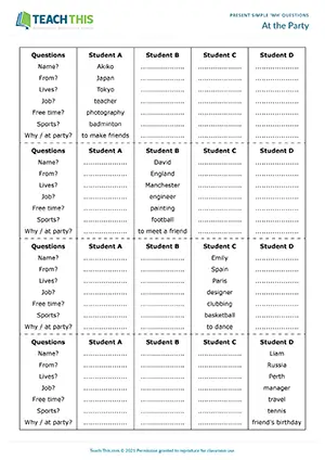 ESL Present Simple Questions Activity worksheet preview for Elementary (A1-A2): personal information and Wh questions at a party