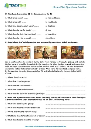 ESL Present Simple Wh Questions Worksheet preview for Elementary (A1-A2): gap-fill, ordering, error correction, matching, asking
and answering questions, freer practice, pair work