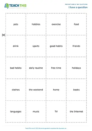 ESL Present Simple Wh Questions Game worksheet preview for Intermediate (B1): fast-paced Wh questions group practice