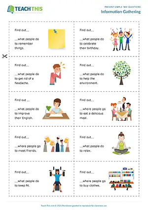 ESL Present Simple Questions Activity worksheet preview for Pre-intermediate (A2): asking and answering Wh questions about routines