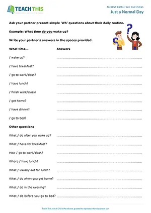 ESL Daily Routines Activity worksheet preview for Pre-intermediate (A2): Wh questions and pair interviews
