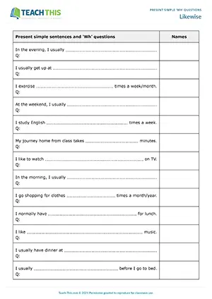 ESL Habits and Routines Activity worksheet preview for Pre-intermediate (A2): Wh questions and sentence completion