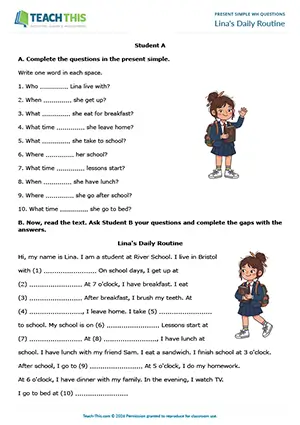 ESL Present Simple Wh Questions Activity preview for Elementary (A1-A2): information gap, completing, asking and answering questions from prompts