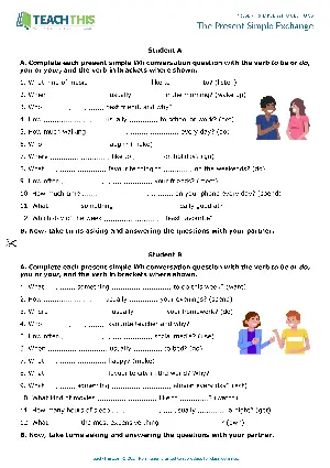 ESL Present Simple Wh Questions Activity worksheet preview for Pre-intermediate (A2): forming, asking and answering conversation questions