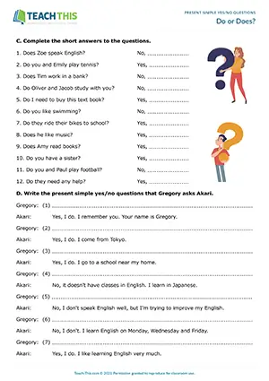 Elementary ESL worksheet preview for A1-A2 showing gap-fill, writing questions and answers from prompts, and short answer practice