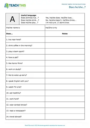 Pre-intermediate A2 ESL worksheet with third-person does yes/no question prompts and sentence writing