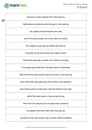 Pre-intermediate A2 ESL speaking activity involving Do you questions to confirm true/false statements about the class
