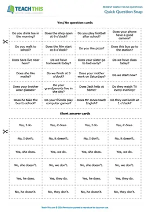 Elementary ESL questions game preview for A1-A2 level, snap, matching, pair work