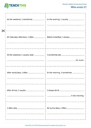 Pre-intermediate A2 ESL game where students ask Do you questions to find classmates who wrote certain sentences