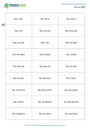 Elementary A2 ESL game with present simple yes/no question and answer practice, group card activity