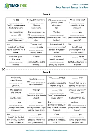 Intermediate B1 game preview: Connect 4 with present simple, continuous, perfect simple and perfect continuous gap-fill and sentence completion