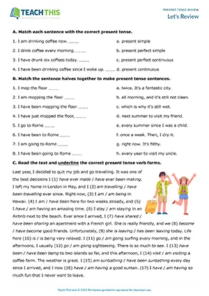 Intermediate B1 worksheet preview: present simple, continuous, perfect simple and perfect continuous review with matching, gap-fill, error correction