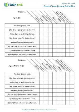Intermediate B1 battleships game with affirmative and negative sentences and questions in all present tenses