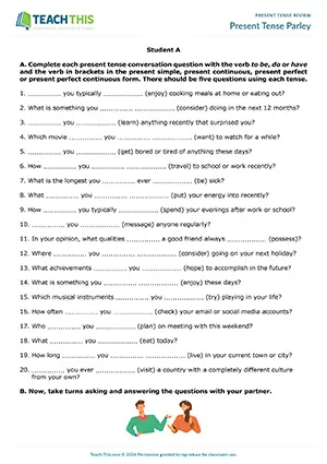 Upper-intermediate B2 activity for forming, asking and answering present tense questions in group and pair work