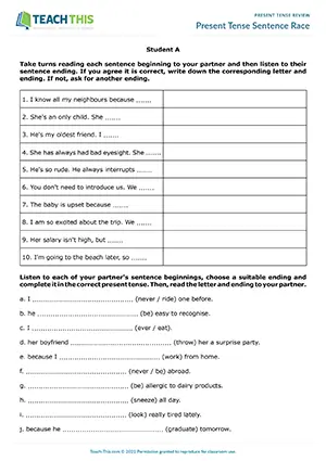 Upper-intermediate B2 pairwork activity: matching and completing sentences with present tense endings