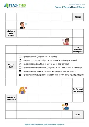 Intermediate B1 board game preview: forming present tense sentences about various topics using dice and topic cards