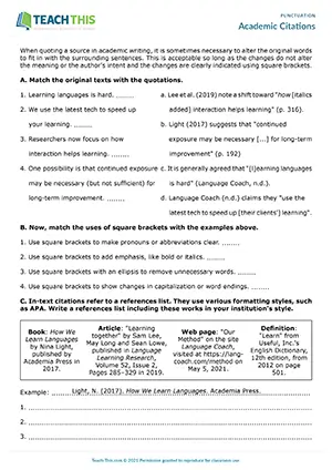 Upper-intermediate worksheet preview for academic citations and punctuation, including square brackets and references
