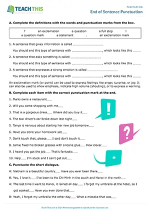 Pre-intermediate worksheet preview focusing on end of sentence punctuation: periods, exclamation marks, and question marks