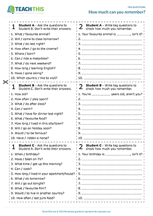 Tag Question board game. - ESL Galaxy