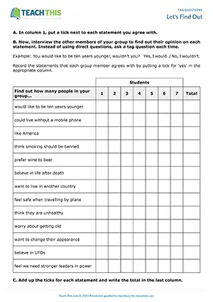 ESL Tag Questions Activity preview, Intermediate B1, asking and answering questions from prompts, writing sentences from prompts, group work