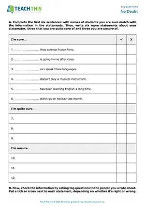 ESL Tag Questions Activity preview, Intermediate B1, guessing, completing and writing sentences, asking and answering questions from prompts