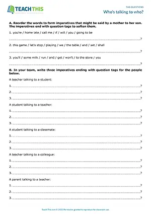 ESL Tag Questions Game preview, Upper-intermediate B2, unscrambling, writing sentences, guessing, matching, group work