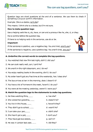 ESL Tag Questions Worksheet preview, Pre-intermediate A2, binary choice, matching, gap-fill, role-play, pair work